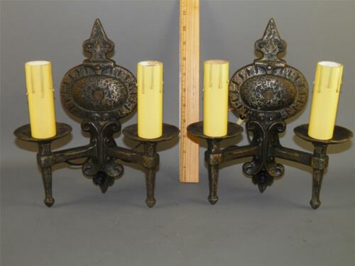 ANTIQUE SPANISH REVIVAL GOTHIC MISSION LIGHTOLIER PAIR SCONCES HAMMERED METAL