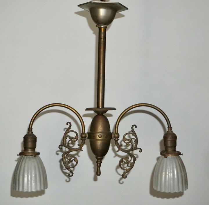 Antique Victorian Chandelier Brass, Acid-Etched Glass 