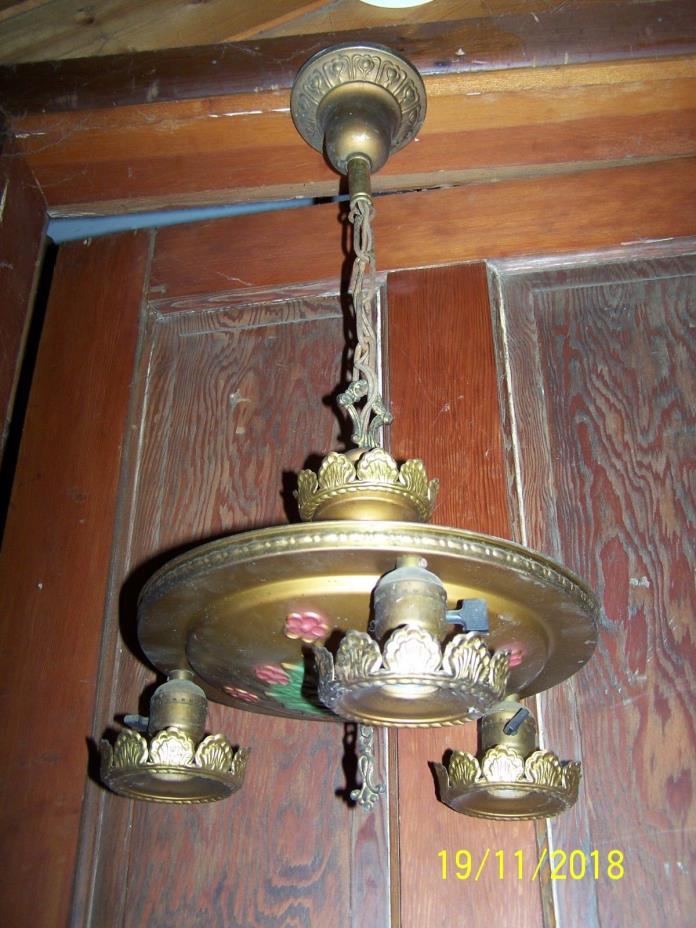 Antique Vicorian Ornate Pressed Brass Hanging 3 Light Pan Fixture