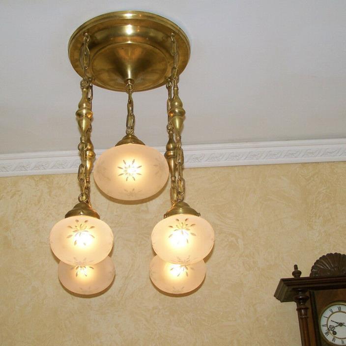128b Vintage 20s 30s Ceiling Light Lamp Fixture antique brass 5 light