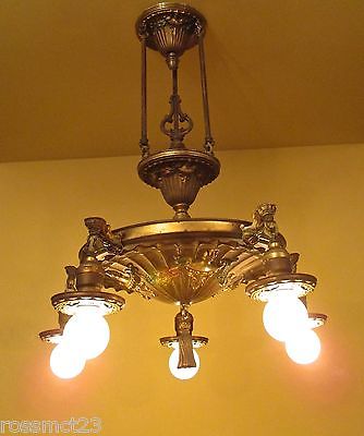 Vintage Lighting antique 1920s brass pan chandelier rewired
