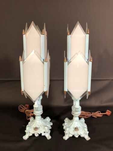 Vintage Cast Metal Gothic Architectural Desk Lamps With Frosted Glass Blue Paint