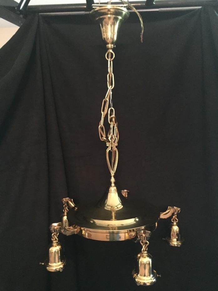 Antique Vintage 5-Arm Brass Hanging Pan Light Chandelier - Restored