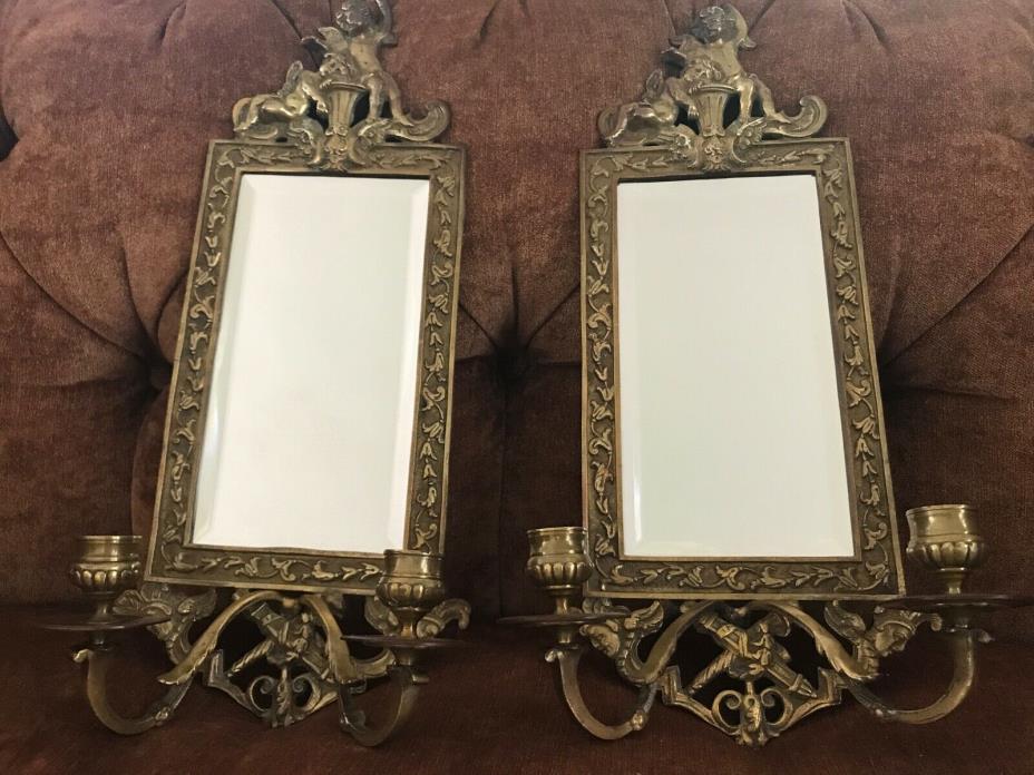 Antique Mirrored Brass Wall Sconces Pair