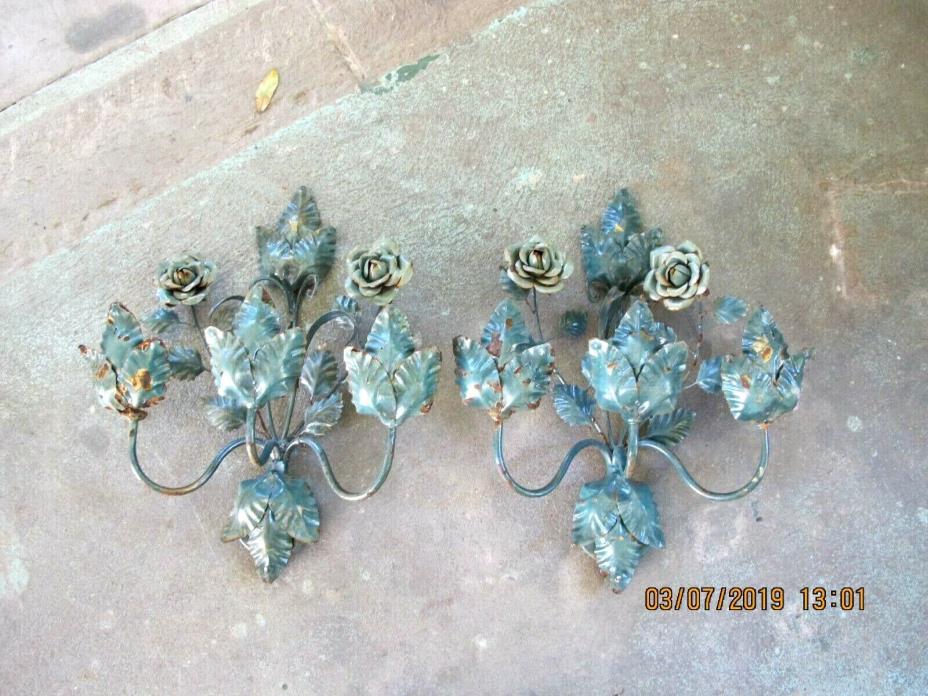 Vtg Pair Rusty Metal Flower & Leaf Sconces Faux Candlelabra Wall Hanging Lights