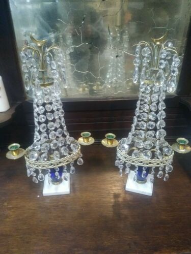 Vintage pair Glass / cobalt blue Prism Candleholders Chandelier Crystals prizim