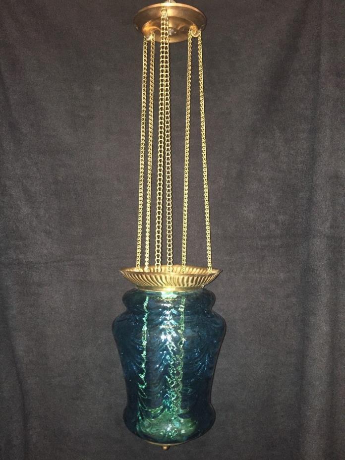 Victorian Antique Blue Hanging Hall Candle or Oil Lamp