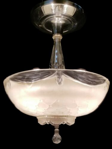 Vintage 40's Art Deco Glass Ceiling Light Lamp Fixture chandelier chrome antique