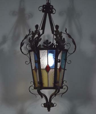 *French Antique Iron and Stained Glass Hanging Chandelier/Lamp