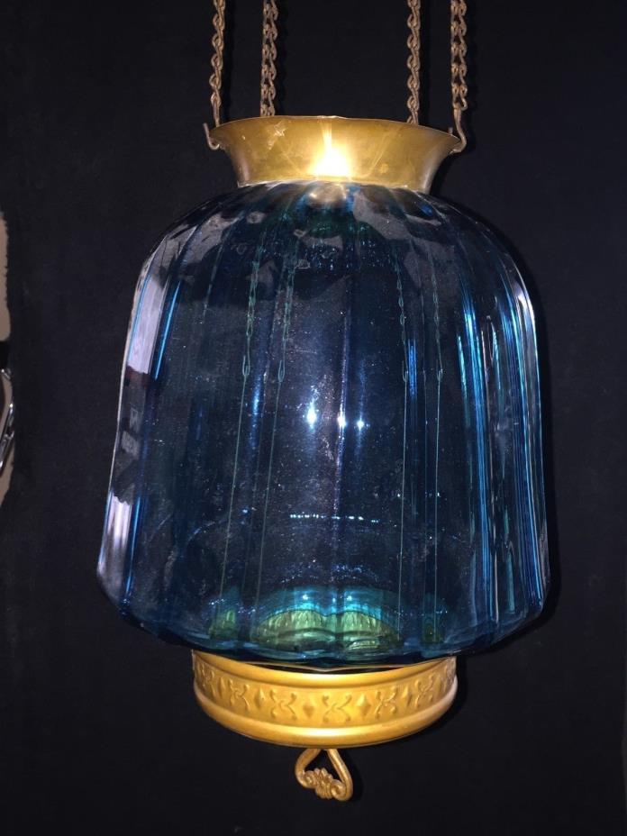 Victorian Antique Blue Hanging Hall Oil Lamp (#2)
