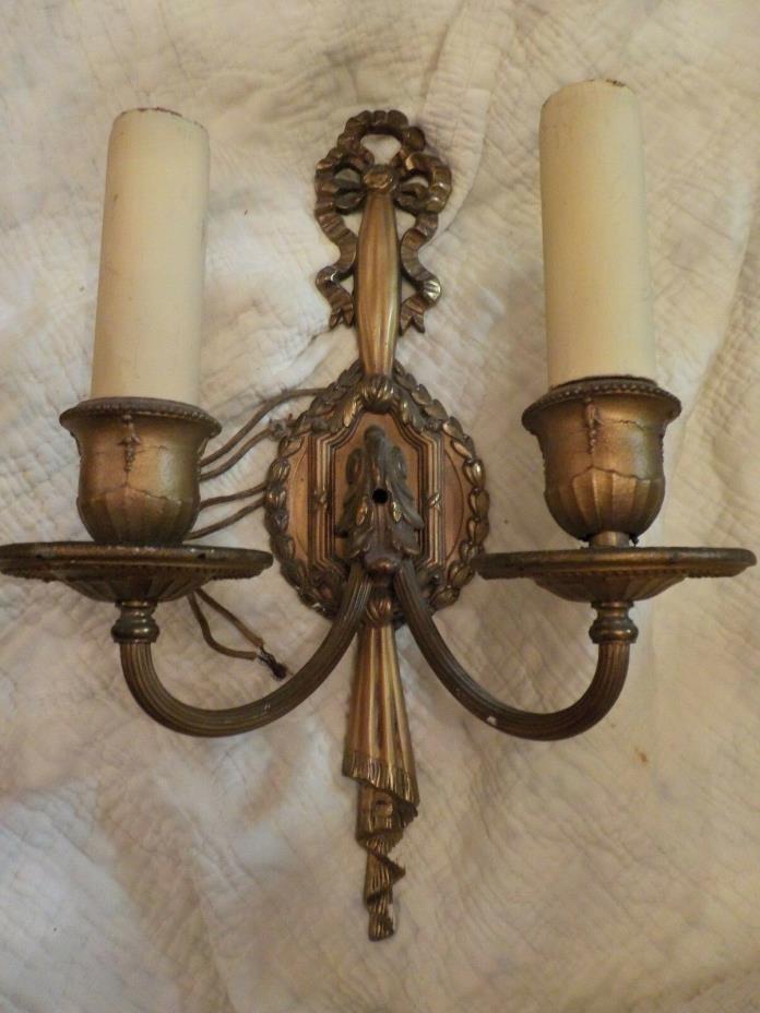 Antique French single 2-Arm Brass Wall Sconce Ribbon, swag and Tassel Motif