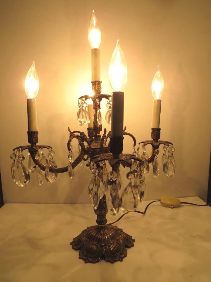 Vintage Candelabra Table Lamp Spanish Ornate Brass Crystal Prisms 5-light