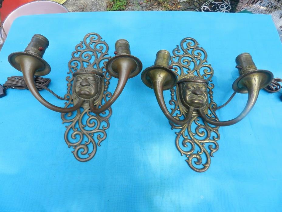 Unique Pair of 18C Antique Wall Sconces - Bronze Monk on Brass Scrolled Base