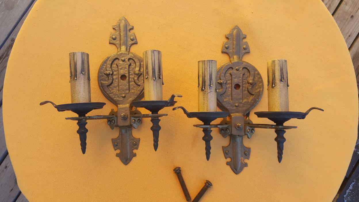 Antique Spanish Revival pair of iron sconces, rewired