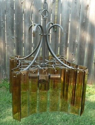 Vintage Mid-Century Modern Pendant Light with 28 Amber Glass Panels, 6 Lights