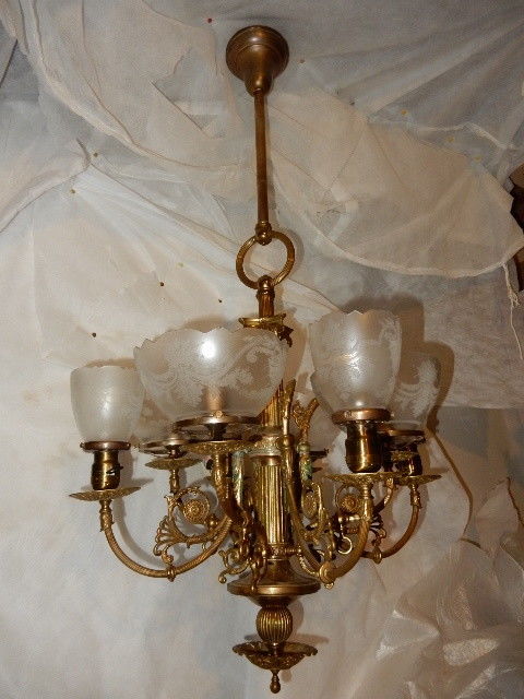 Large Brass Gas Electric Combination Chandelier Fixture Acid Etched Shades