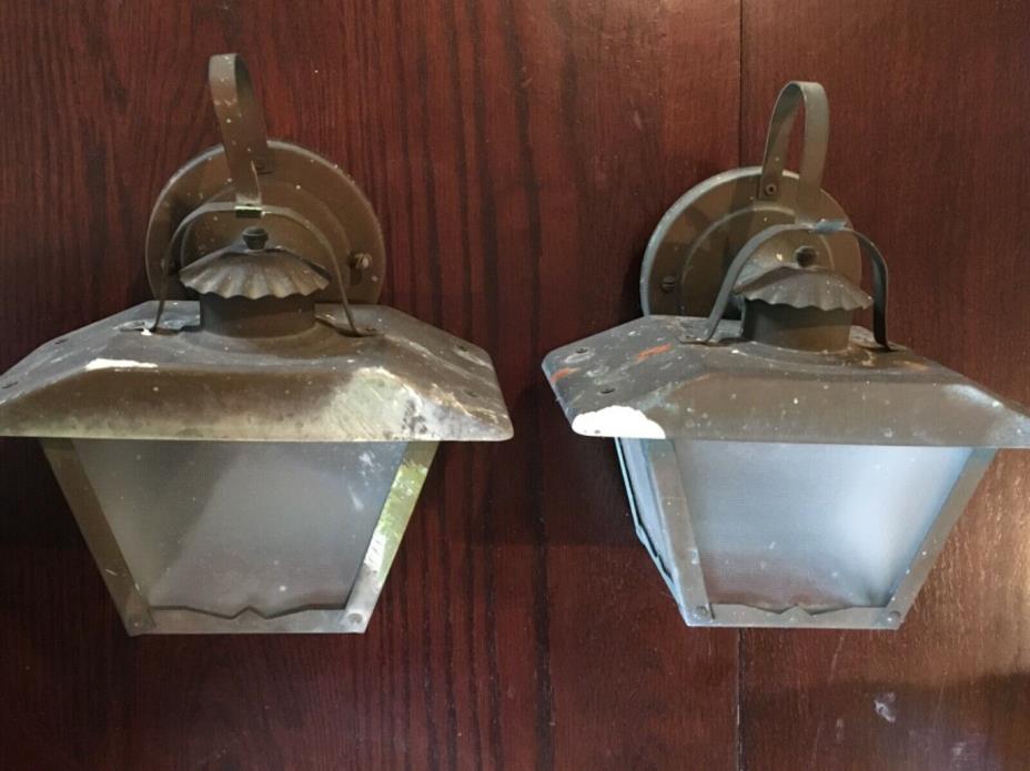 Vintage Mid Century Copper Porch Lights Pair  (2) Glass Sides