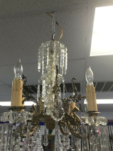 Stunning Vintage Brass 5 Arm Chandelier with Various Types - Crystal Prisms.