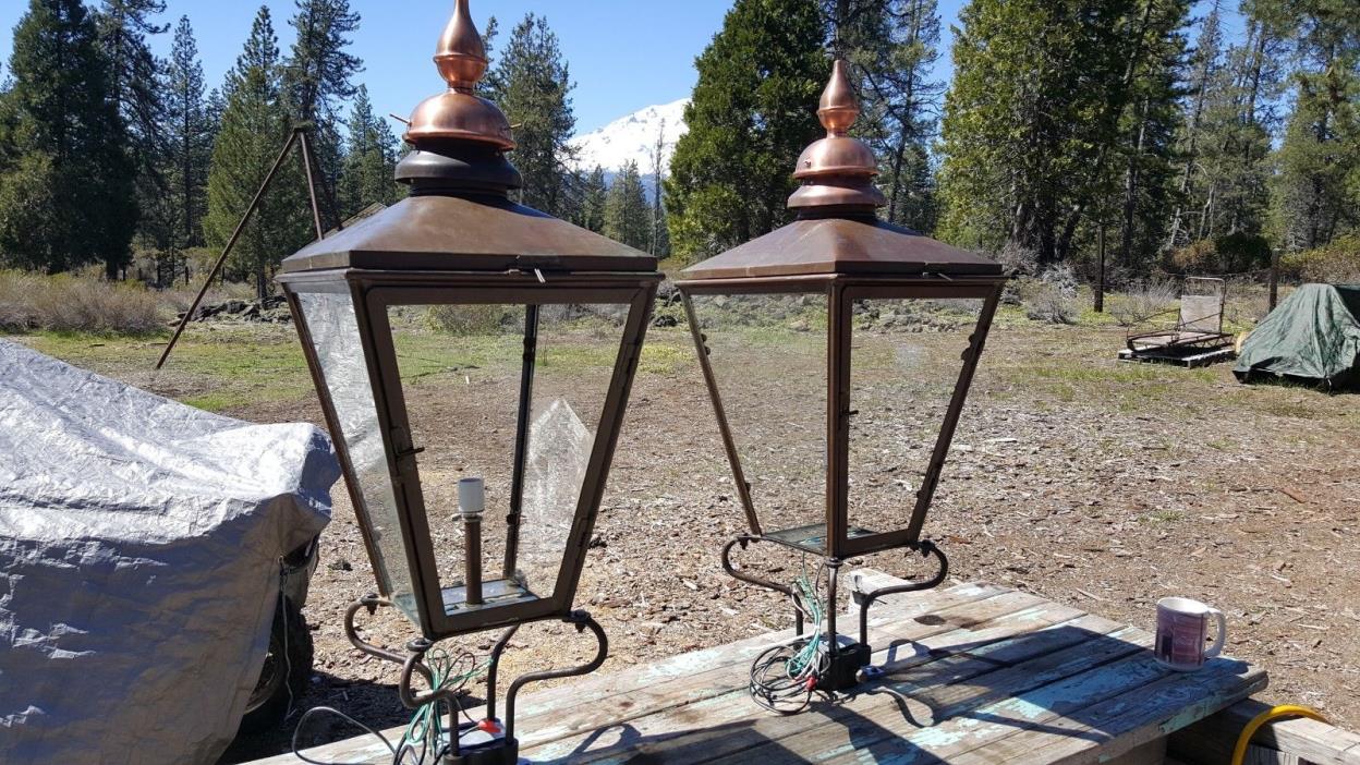 Antique PAIR of copper London street lanterns with original pole mounts 