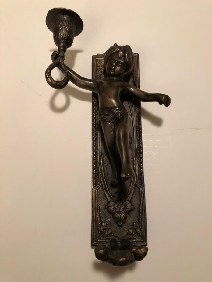 Antique Brass Art Deco Cherub Wall Sconce Candleholder