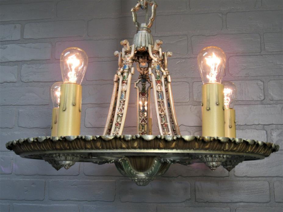 Vintage Antique Art Deco Polychrome Chandelier 5 Light Rewired 24.5