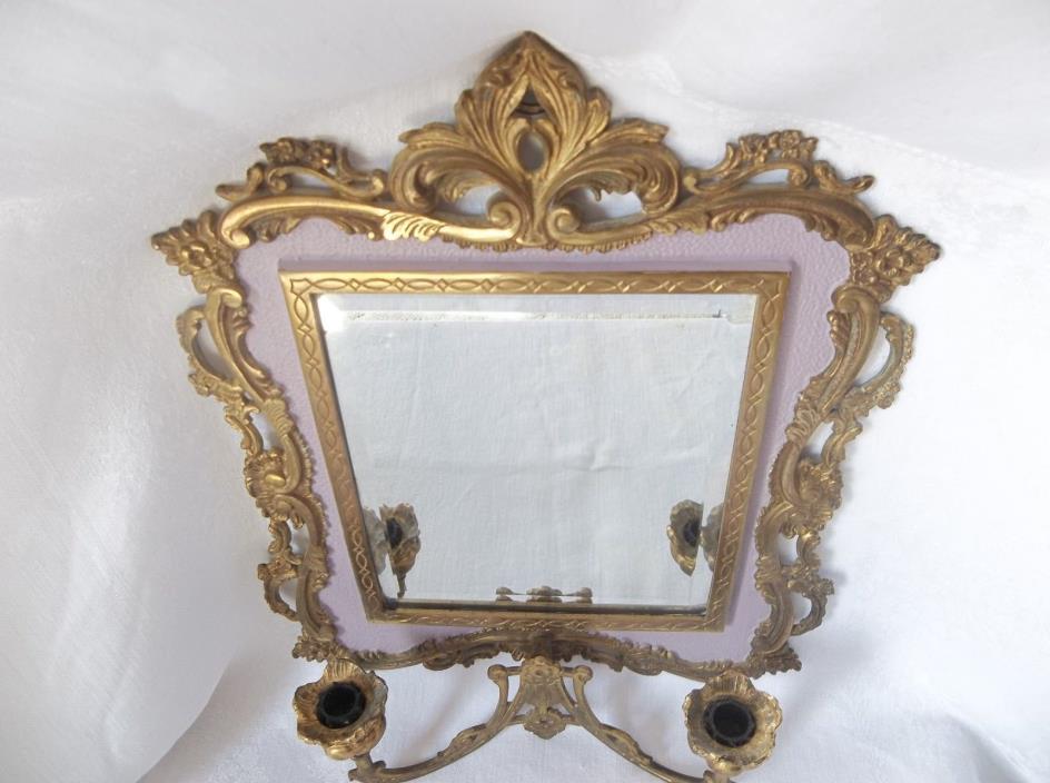 Antique Cast Brass Wall Beveled Wall Mirror with  Candle Holders Numbered