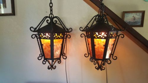 Vintage Pair 'Spanish Revival'- Wrought iron- Pendant Lanterns w/Mica -detailed