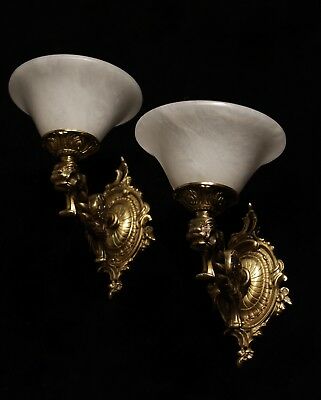 Pair of solid bronze and real alabaster wall lights sconces with lion head