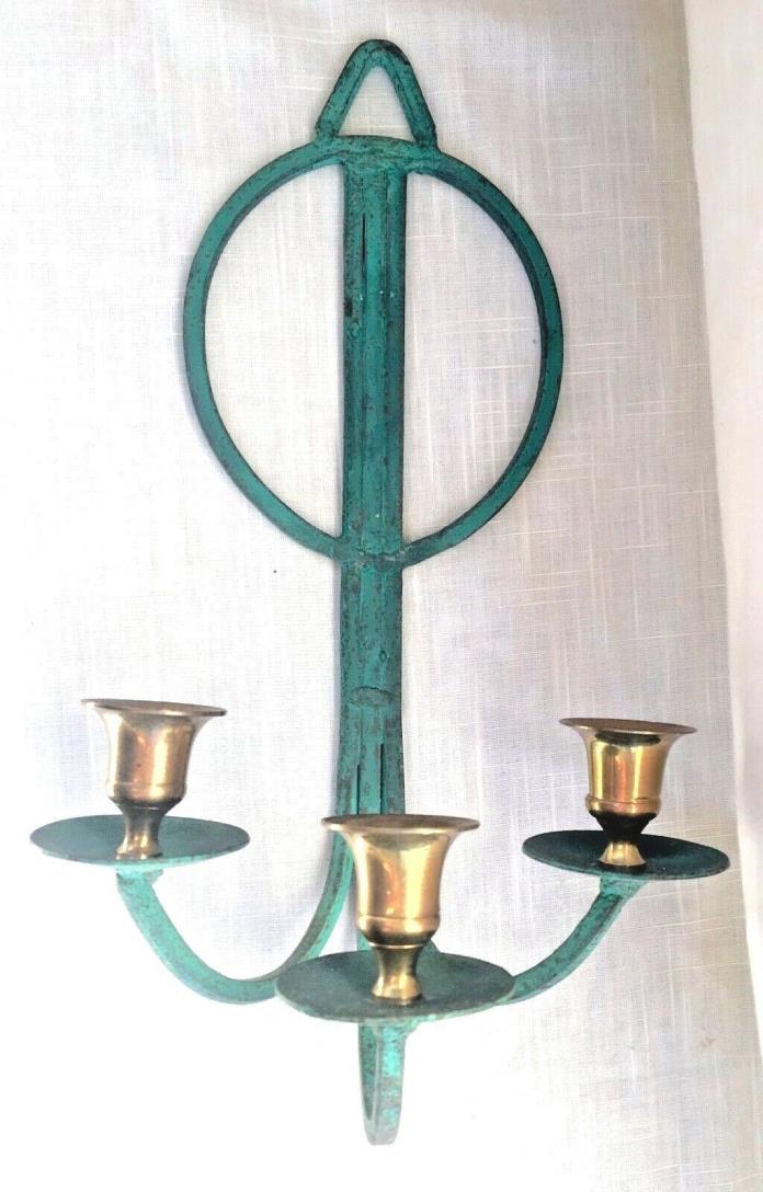 Vintage Verdis Gris Solid Brass 3 Candle Holder Wall Sconce - Art Deco