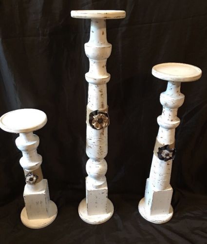 Three(3)RECLAIMED Wood SHABBY Candle Stands White Distressed 30 1/4”, 24.5”, 18