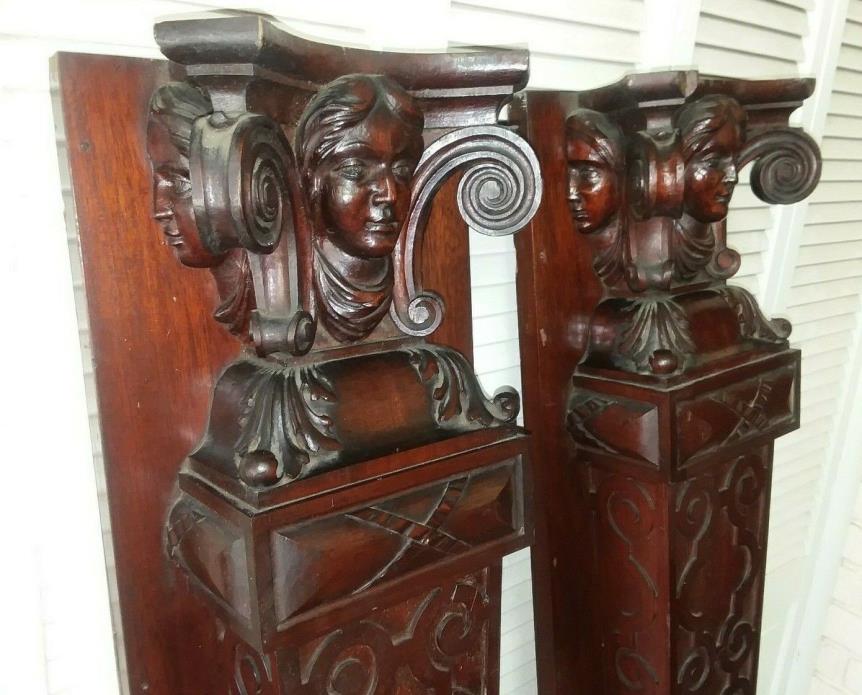 c.1890's ANTIQUE CARVED FIREPLACE MANTEL COLUMNS ARCHITECTURAL SALVAGE PILLARS