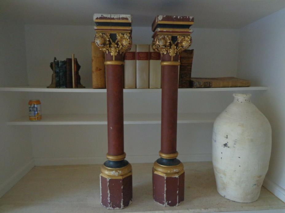 ANTIQUE 19 CENTURY FRENCH ARCHITECTURAL COLUMNS WITH HAND CARVED GOLD CAPITALS