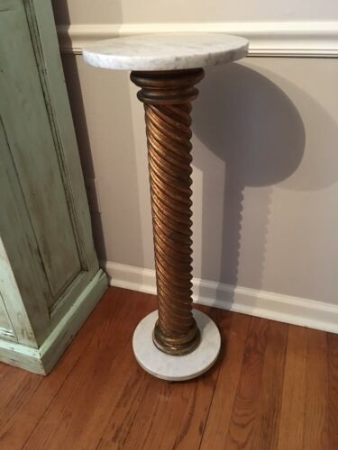 Antique Italian Spiral Gold Leaf Pedestal Stand With Marble Top And Bottom