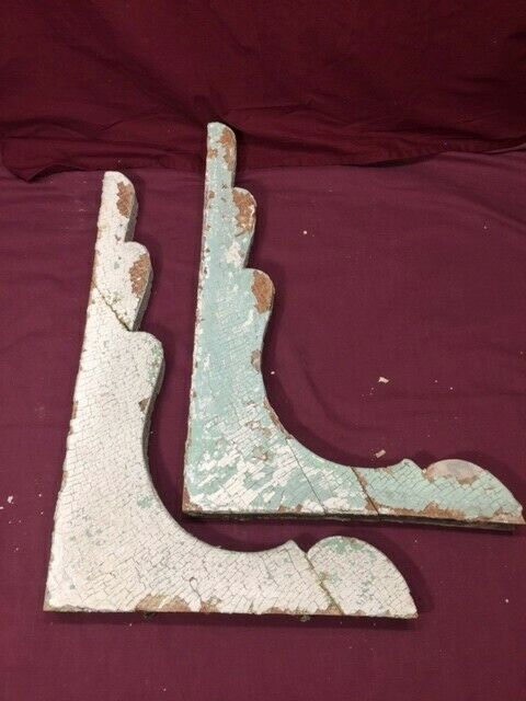 Vintage wood corbels, pair, white and green chippy paint