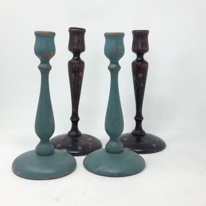 Wooden Candlestick Pair Hand Painted Vintage Farmhouse Style Decor
