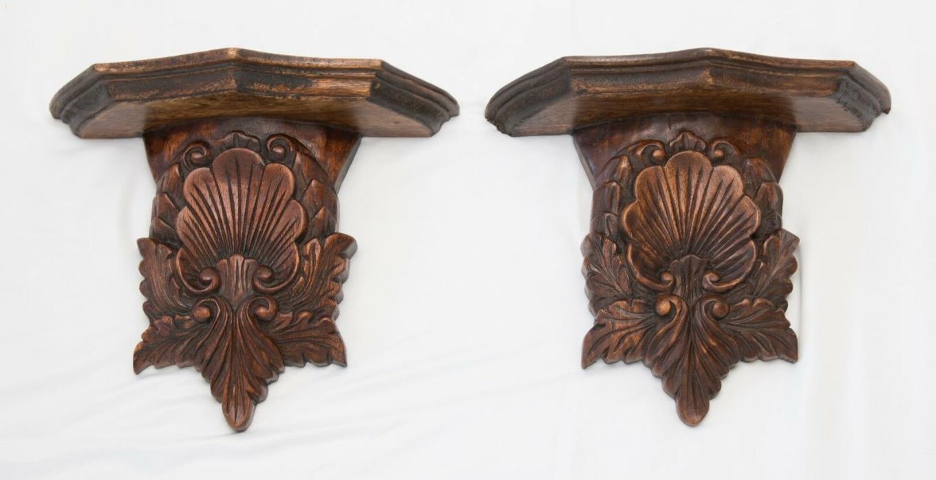 Large Antique Carved Wood Shell Brackets Shelves - a Pair