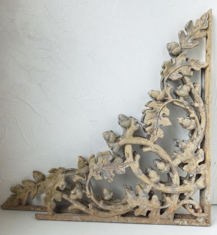 VTG Metal Corbels Brackets 2 Acorn Oak Leaves Architectural Salvage Chippy Paint