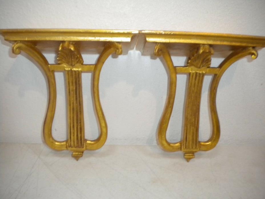 Pair 1950s Italian Gold Gilt Florentine Wood Corbel Bracket Wall Sconce Shelf