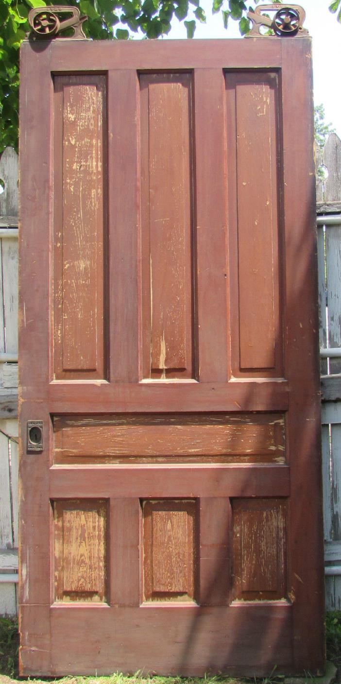 Late 1800's Large 7 Panel Pine Pocket Door Ives Rollers Victorian Hardware