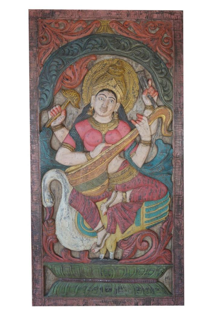 Vintage Wall Sculpture Hand Carved Saraswati Goddess Relief Panel CLEARANCE SALE