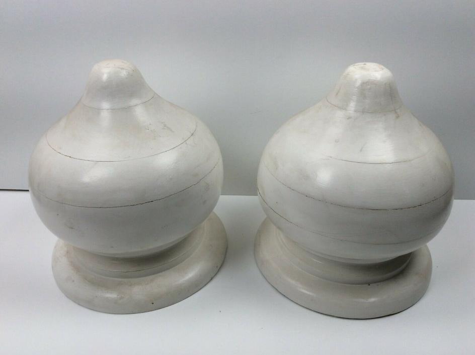 Vintage Pair of Large Decorative Wood Exterior Teardrop Painted White Finials