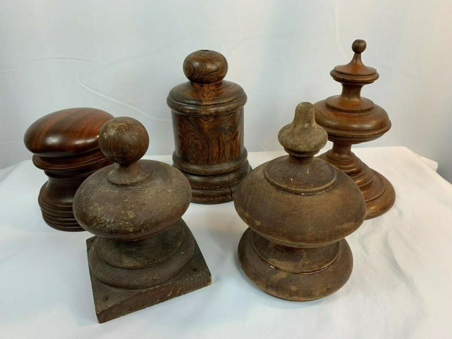Lot of 5 Antique Architectural Salvage Wooden Finial Newel Post Cap Top
