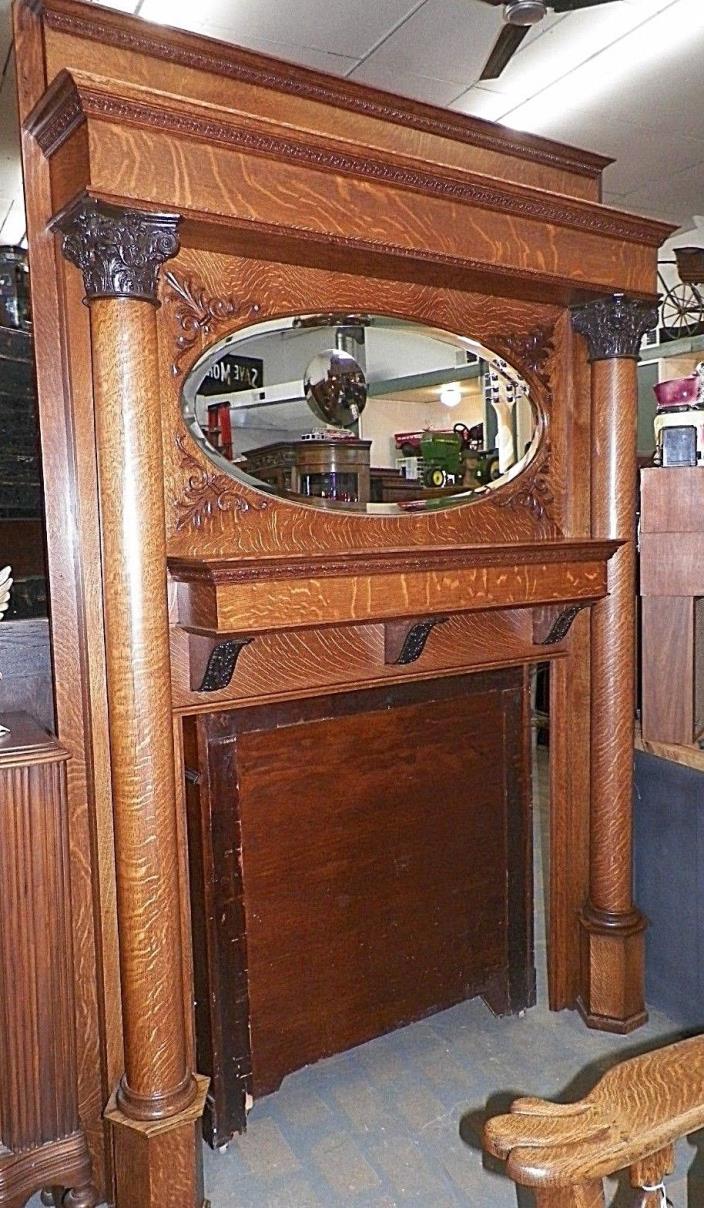 1900's Antique Quarter Sawn Oak Fireplace Mantel Oval Mirror Plaster Capitols