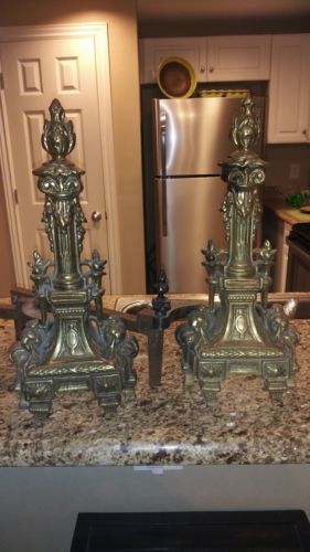 Vintage Andirons Brass and Cast Iron Ornate Fireplace Log Holders Early 1900s