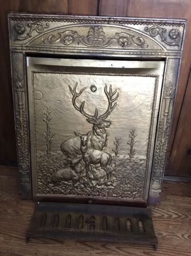 VINTAGE ANTIQUE CAST IRON STAG DEER FIREPLACE SUMMER COVER & FRAME COMPLETE