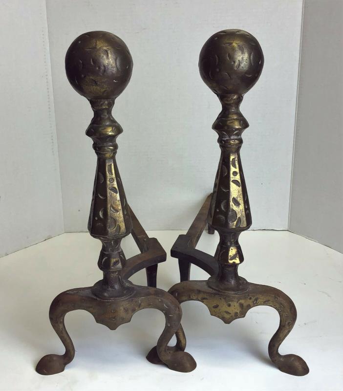 arts & crafts mission style CAST IRON HAMMERED BALL END ANDIRONS