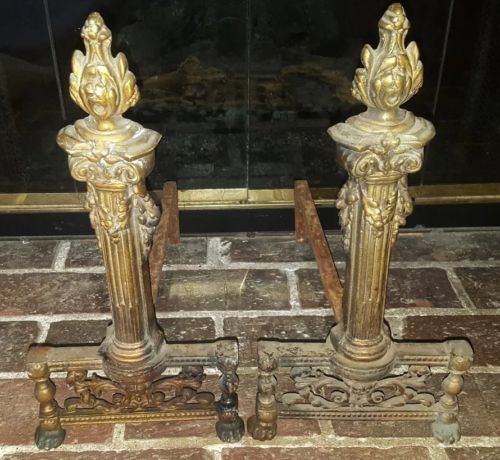 Pair Brass French Empire Design Pillar W/ Vines Fireplace Andirons Claw Feet