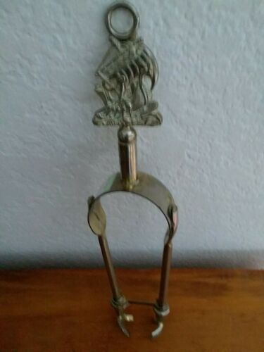 Victorian Brass Coal Fireplace Tongs with Ship Emblem and Original Clip 12 by 3