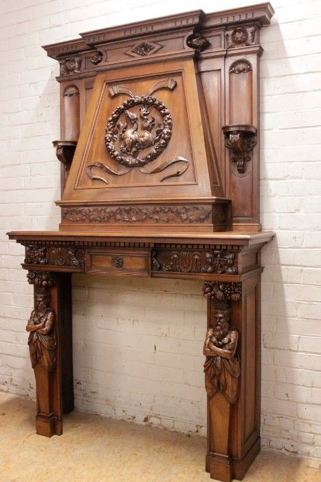 EXCEPTIONAL ANTIQUE CARVED WALNUT FRENCH GOTHIC, RENAISSANCE  FIREPLACE MANTEL