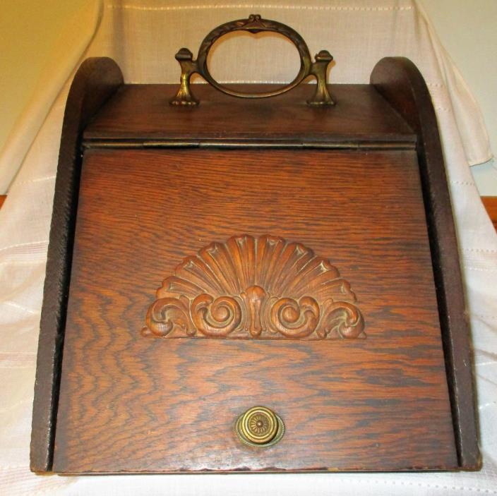 Antique Victorian Tinder Kindling Oak Wood Box w/Brass Hardware & Tin Liner